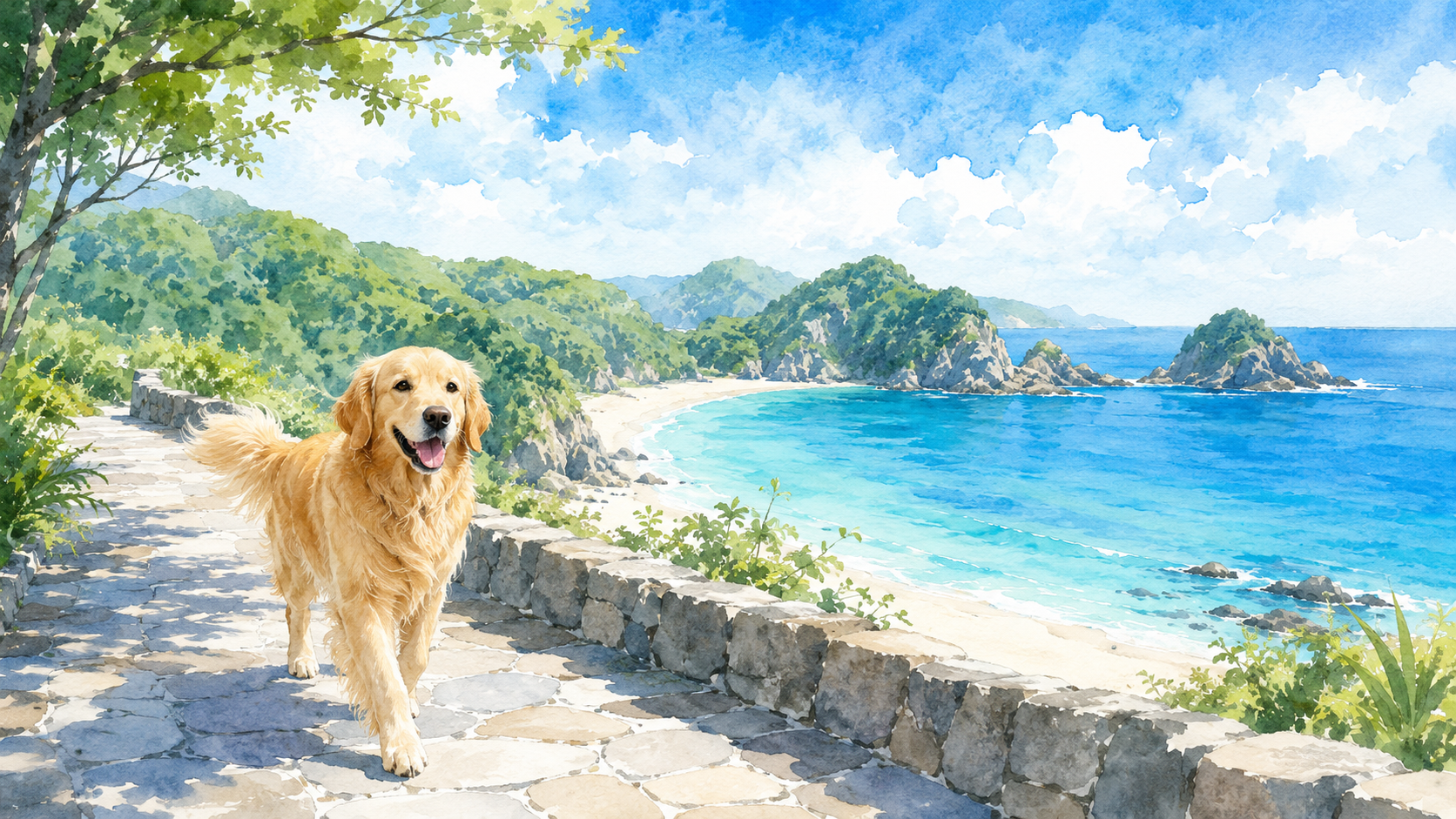 下田の入り江と海辺の道を歩くゴールデンレトリバーのイラスト