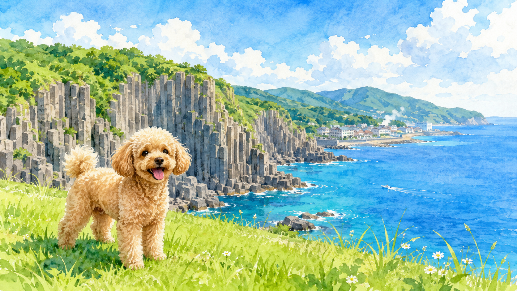 福井県の海岸の断崖と犬のイラスト