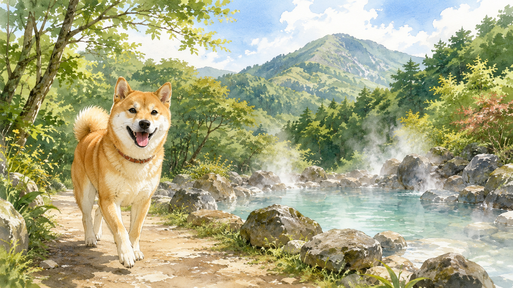 霧島の山あいの温泉と小道を歩く柴犬のイラスト