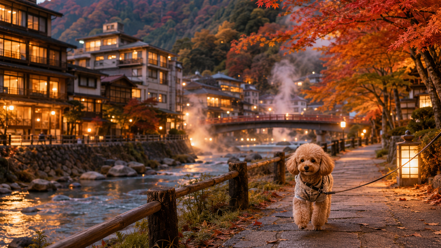 下呂温泉の川沿いの温泉街を散歩する犬と犬連れ旅行のイメージ