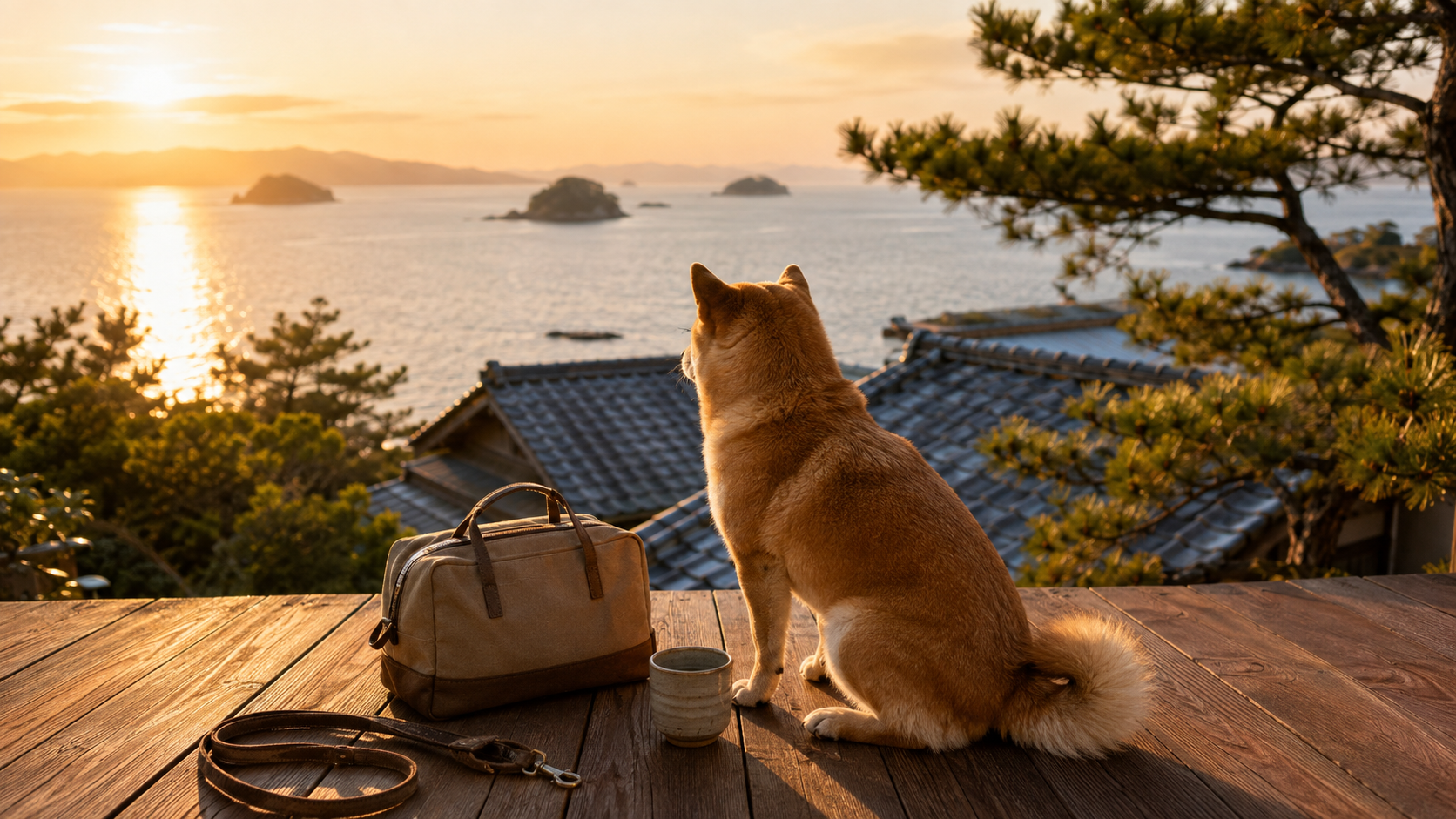 日光の杉並木と湖畔に座るトイプードル