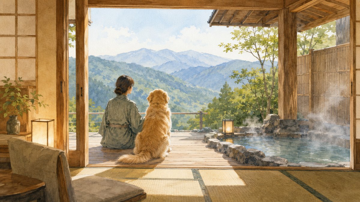 温泉旅館の露天風呂付き客室のウッドデッキで、大型犬と飼い主が山並みを眺めている水彩イラスト