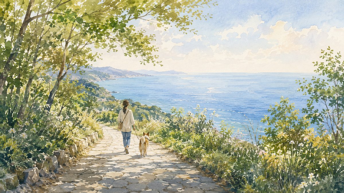 相模湾を見渡す海辺の高台を飼い主と中型犬が散歩する水彩イラスト