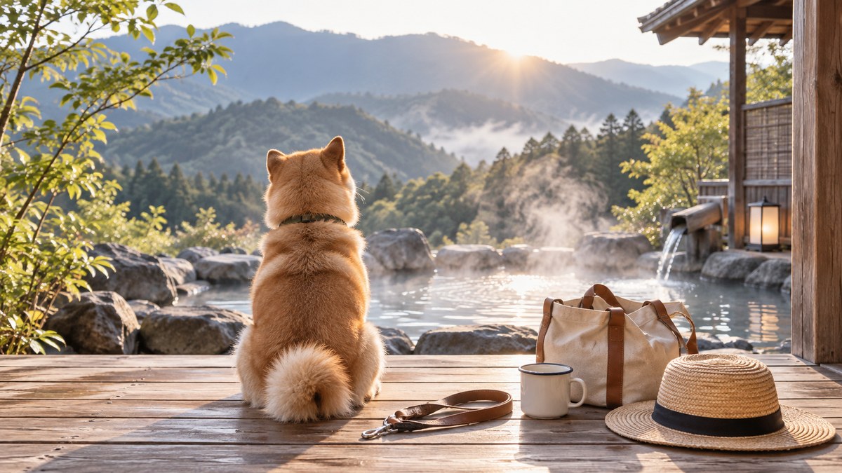 露天風呂を望む木のデッキに後ろ姿で座る柴犬と、リード・バッグ・マグ・帽子