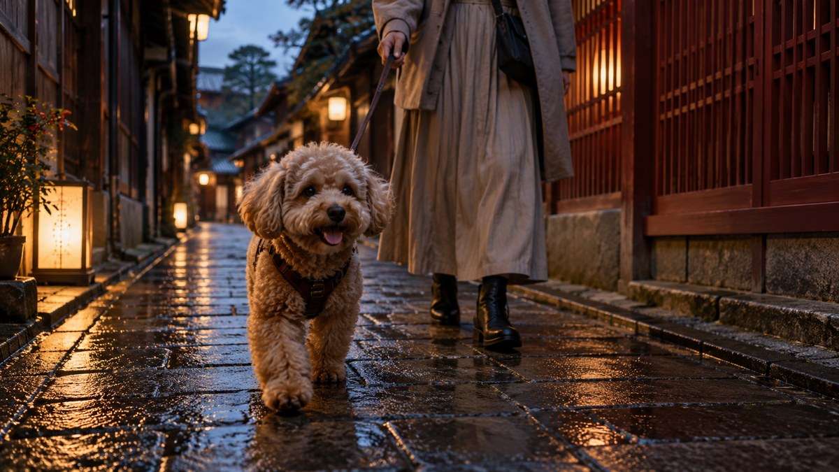 金沢の茶屋街の石畳を歩くトイプードル