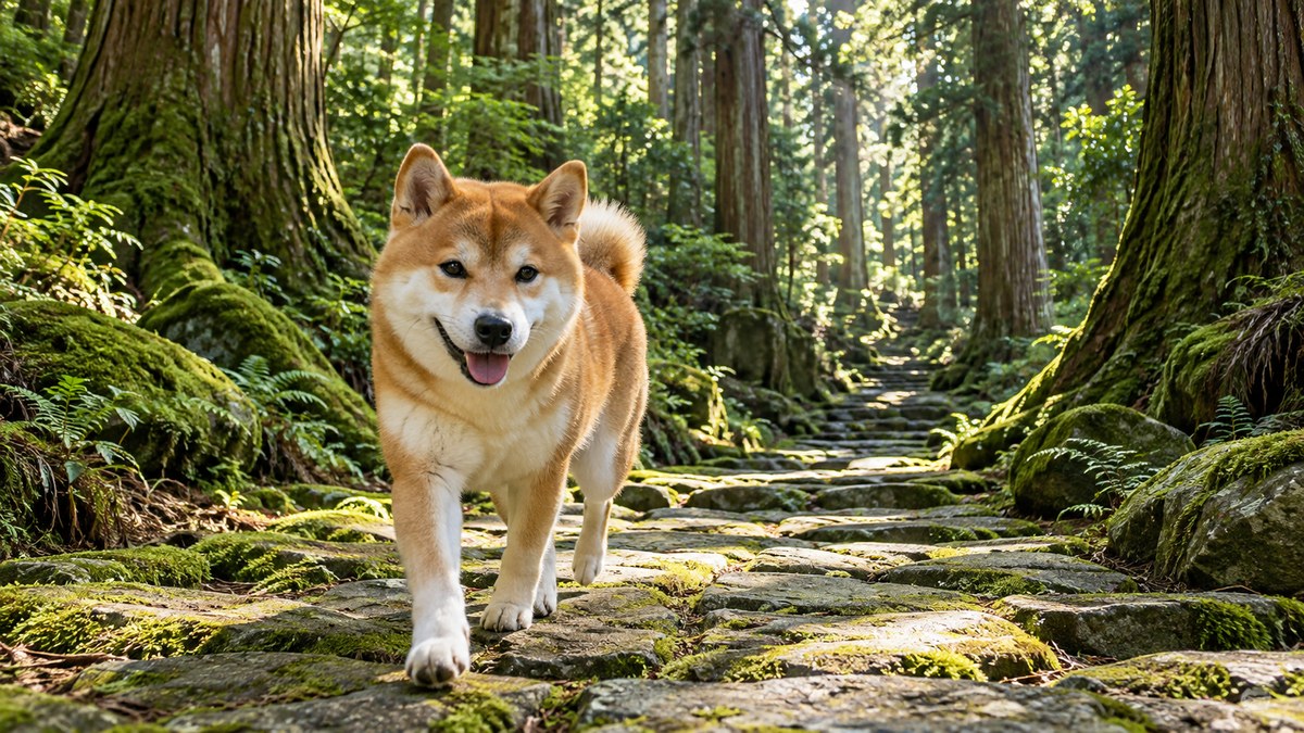 杉木立の苔むした石畳の古道を歩く柴犬