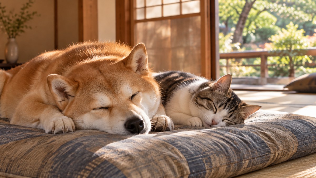 同じ座ぶとんでならんでねむる柴犬と猫