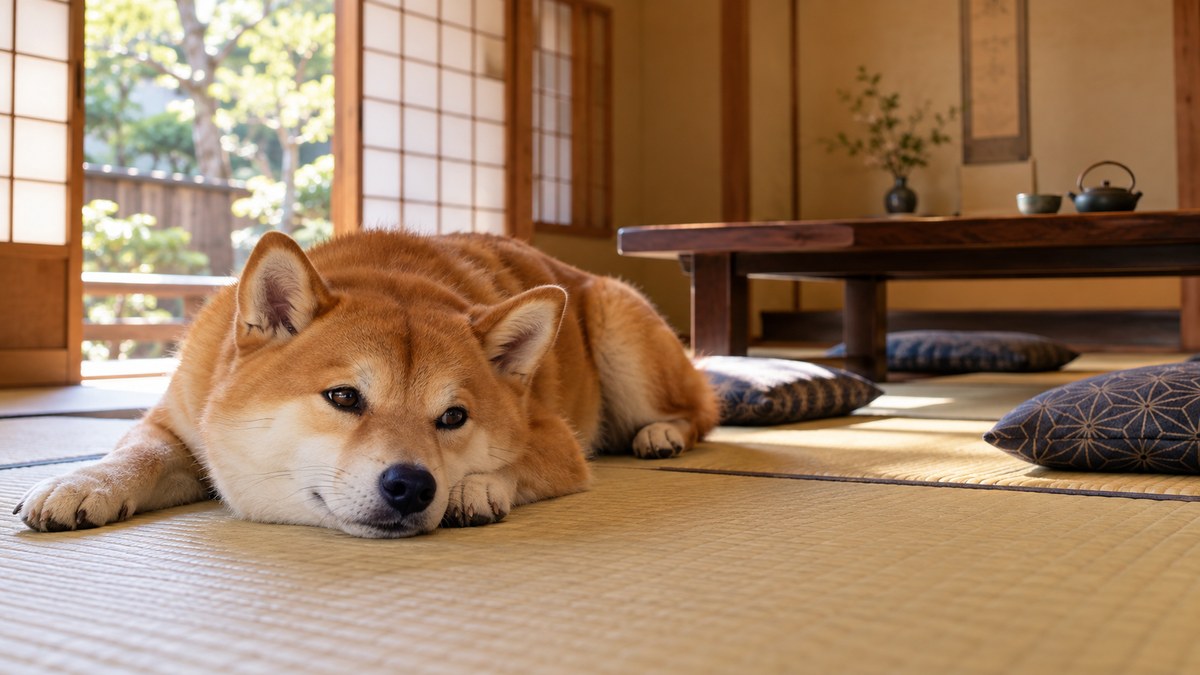 畳の部屋の座卓のそばでくつろぐ柴犬
