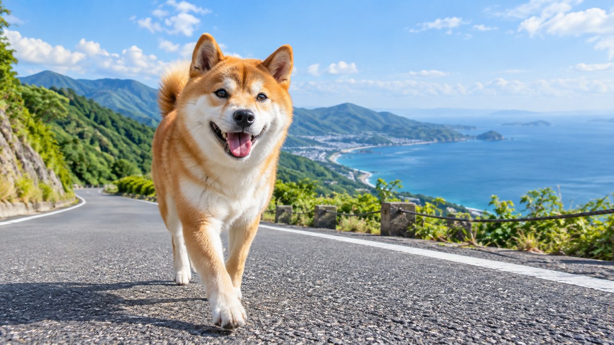 海と山の両方が見える高台の道を歩く柴犬