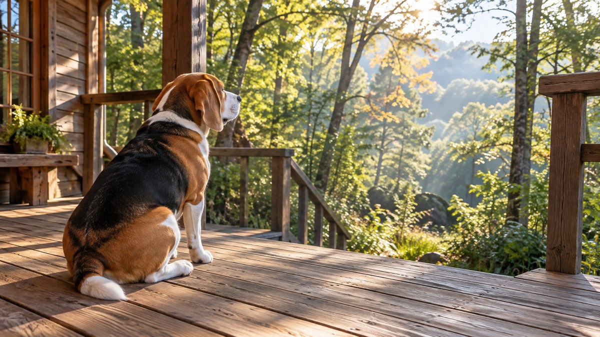 なだらかな丘の牧草地と白樺並木を歩く柴犬