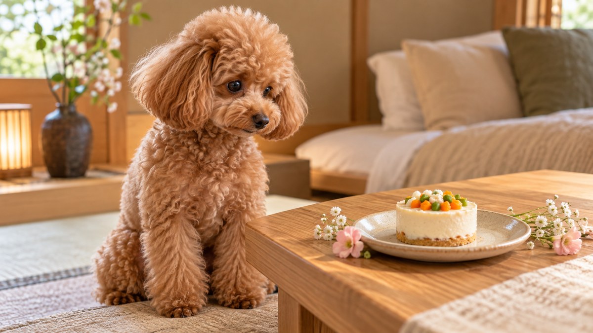 テーブルの上の犬用ケーキを見つめるトイプードル