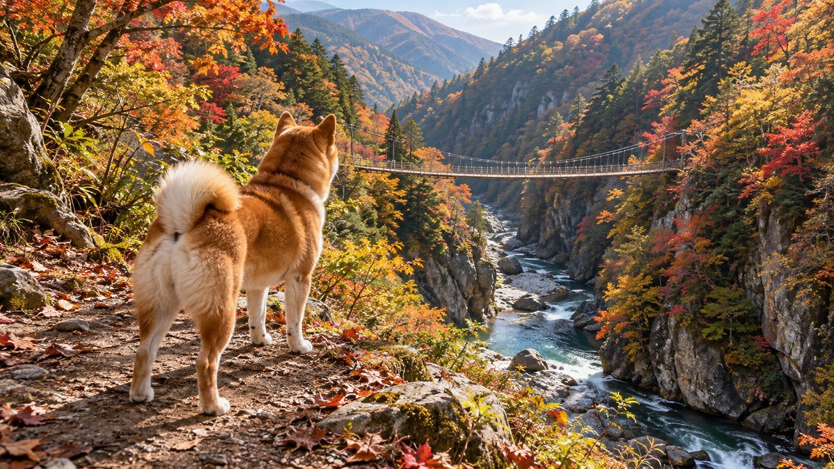 紅葉の渓谷にかかる吊り橋をながめる柴犬