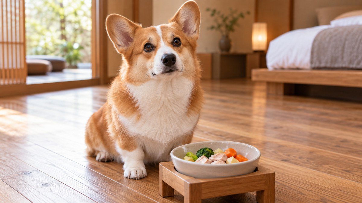 犬用のごはんが盛られた器の前にすわるコーギー