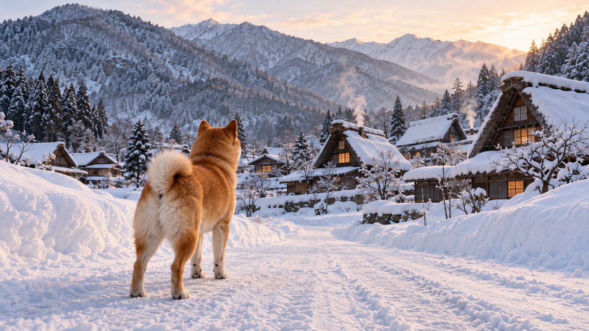 合掌づくりの里の雪景色にたたずむ柴犬