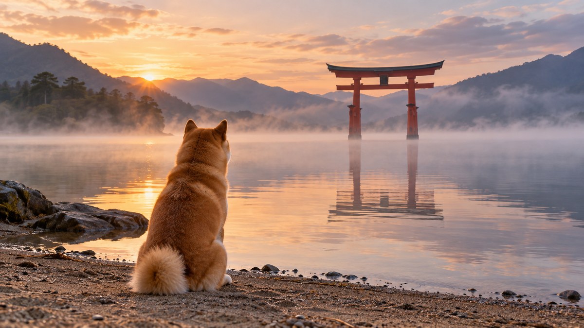 大きな湖の湖畔に立つ鳥居をのぞむ柴犬