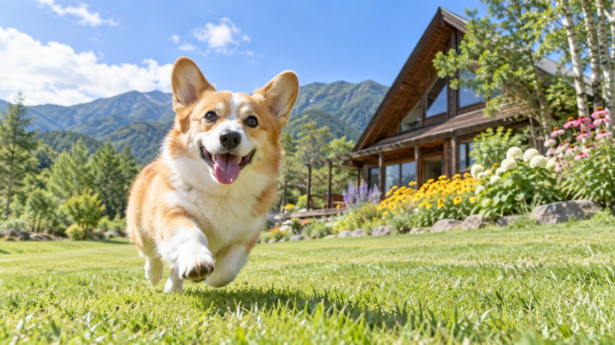 三角屋根のペンションの前の芝生で遊ぶコーギー