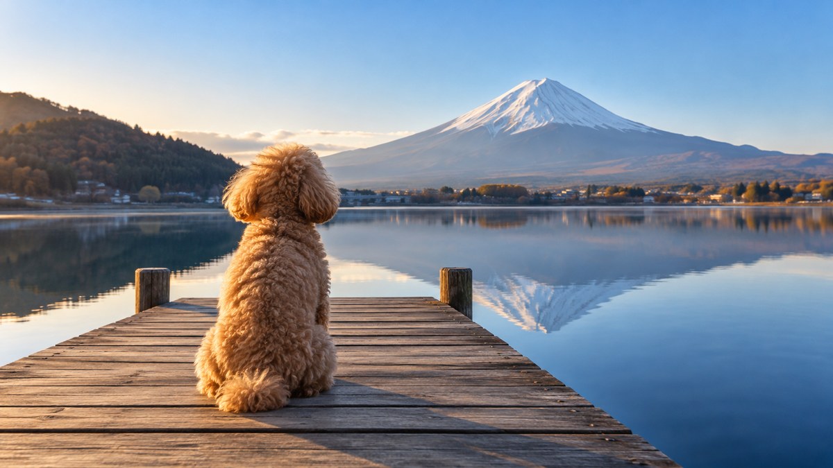 湖ごしに逆さ富士をながめるトイプードル