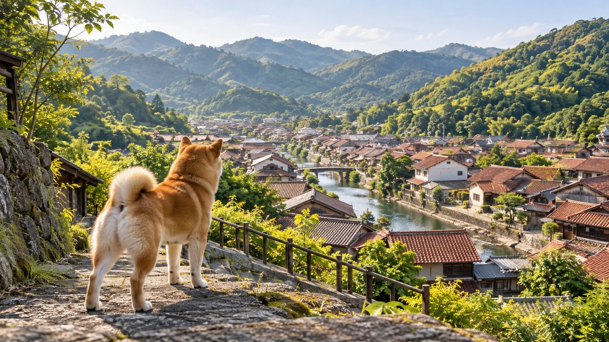 石州瓦の赤い屋根がならぶ町をのぞむ柴犬