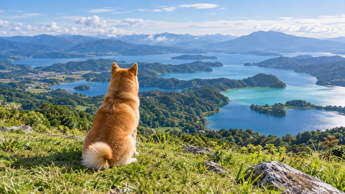 色のちがう湖がならぶ景色をのぞむ柴犬
