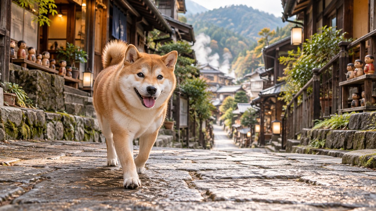 こけしのならぶ湯の街の坂道を歩く柴犬