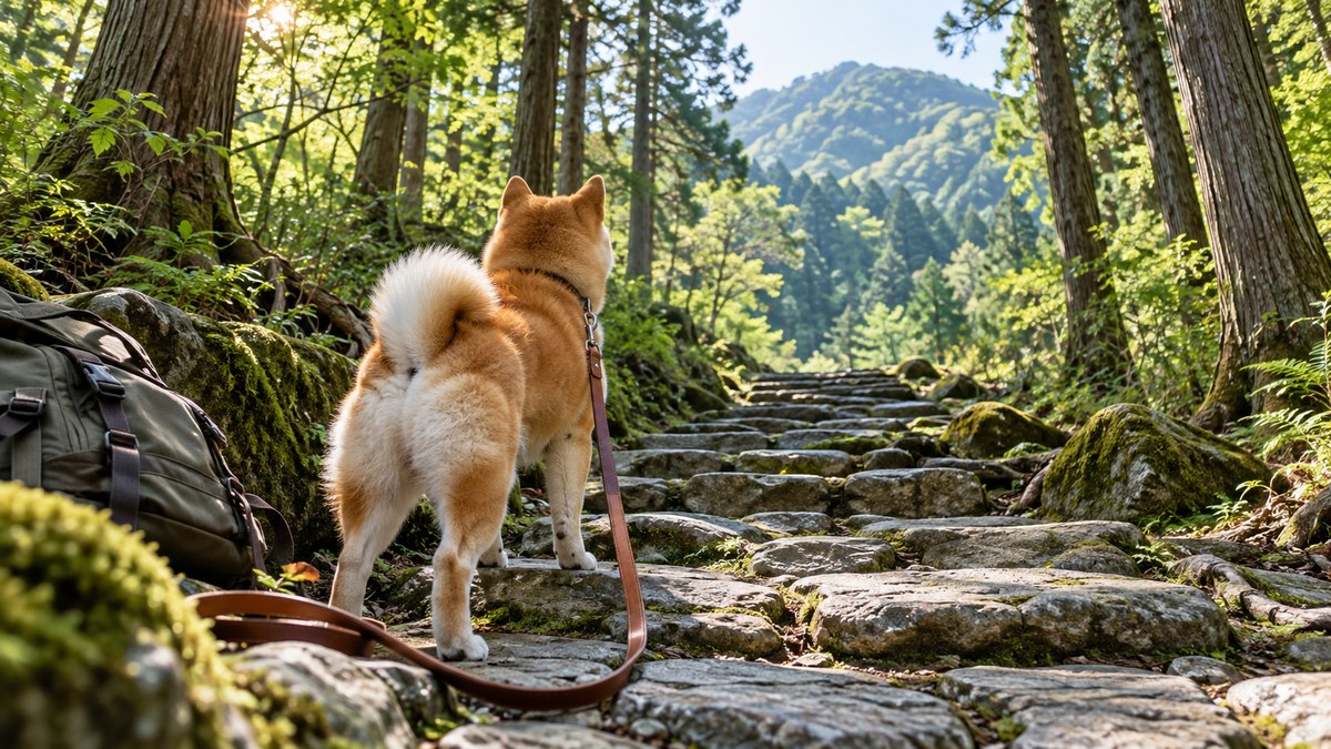 杉木立のあいだの石畳の山道に立つ柴犬