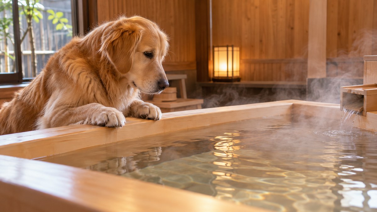 木の湯ぶねのふちに前足をかけるゴールデンレトリバー