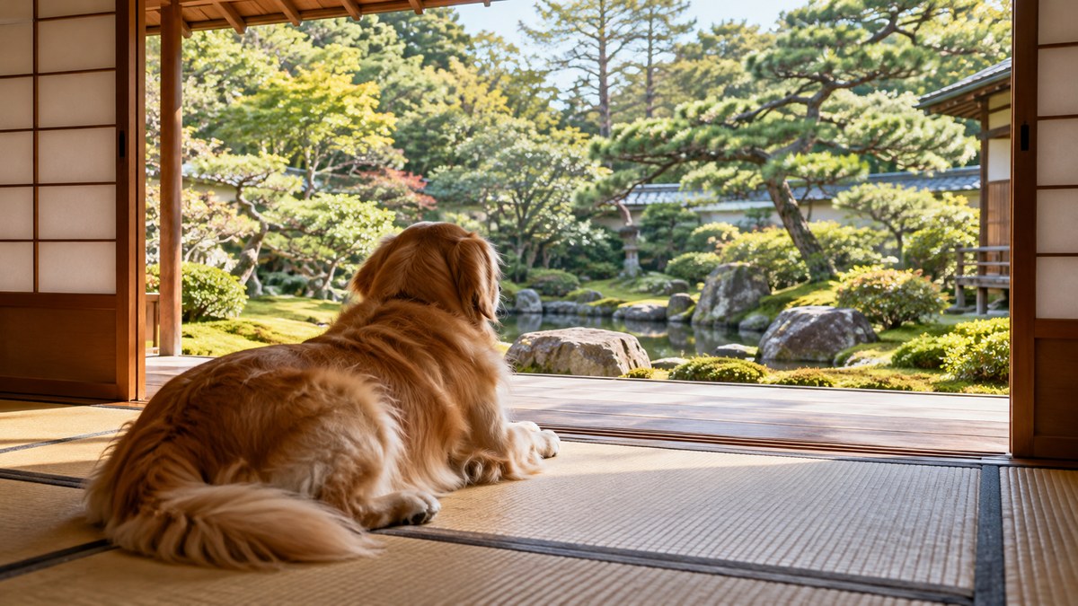 数寄屋づくりの和室から庭をながめるゴールデンレトリバー