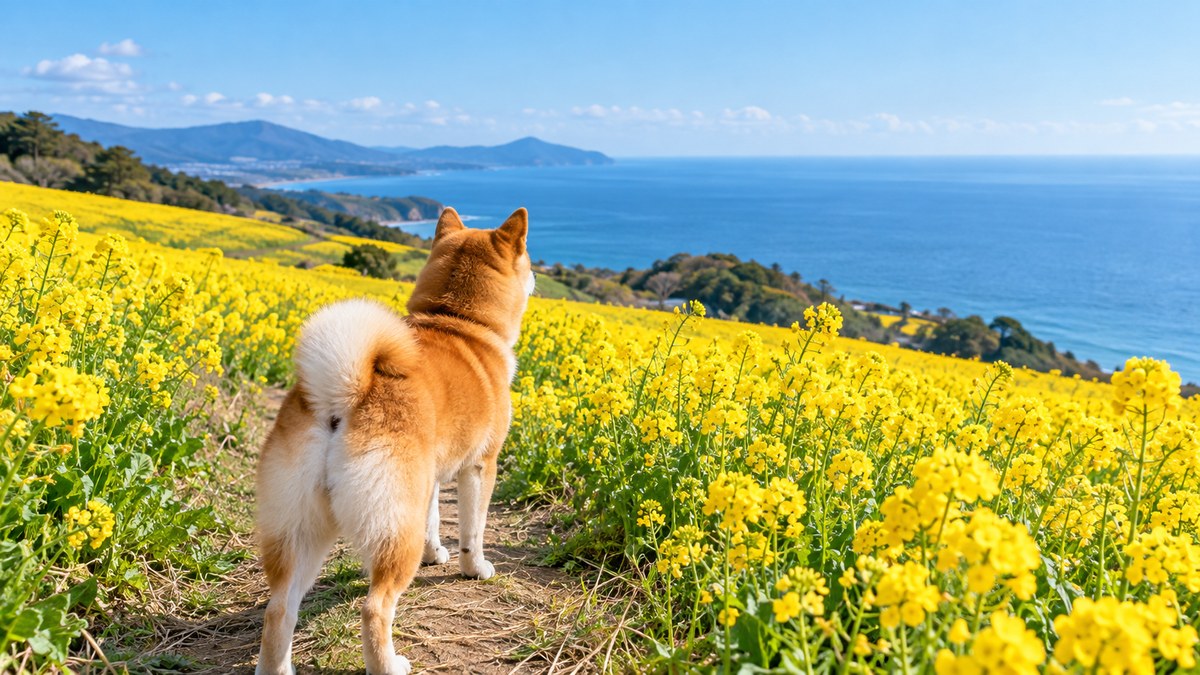 菜の花畑のむこうに海が見える丘の柴犬