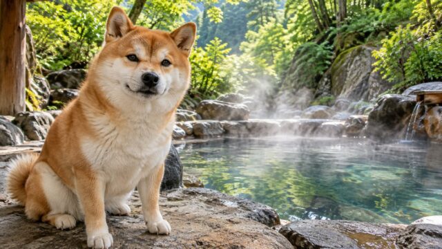 湯けむりの立つ露天風呂のそばの岩にすわる柴犬